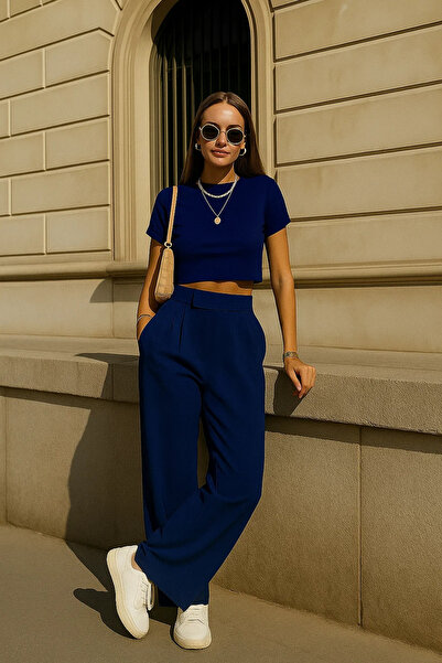 COMBİNE MİCHAİL Γυναικείο παντελόνι με τσέπες Basic μπλε φαρδύ παντελόνι