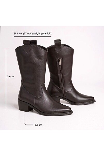 NE&VE SHOES Acı Kahve Taneli Deri İçten Yarım Fermuarlı Orta Topuklu Kadın Western Bot