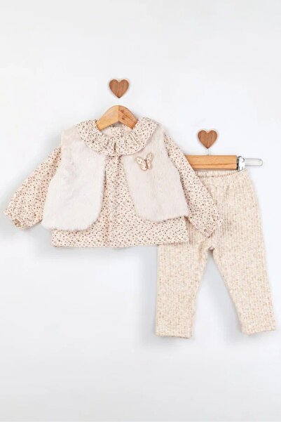 Baby Rose Baby Girl 3-Piece Plush Vest Set Sets Floral Blouse Corded Fabric Pants Set