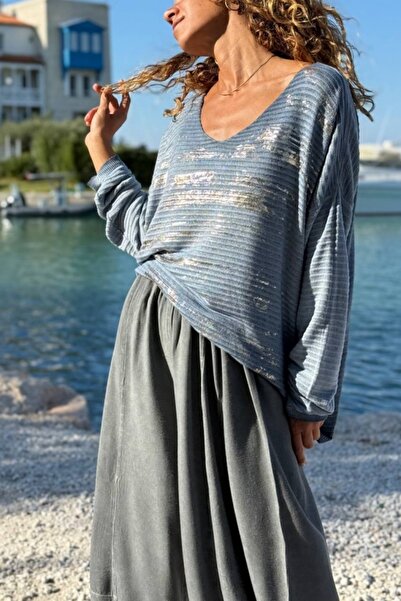 Güneşkızı Pulover casual italian cu decolteu în V cu textura folie Ba cu imprimeu 70 50