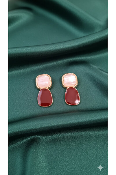 Lu Atelier Rosélia El Yapımı Polimer Kil Küpe – Bordo ve İnci Pembe Renkli Zarif Model – Altın Detaylı Tasarım