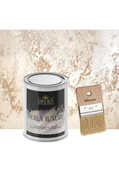 YaYa Color Vopsea decorativa de Lux, Perla Luxury cu Fulgi Perlati, Cafea cu Lapte, 0,5 Litri si Pensula 70 mm