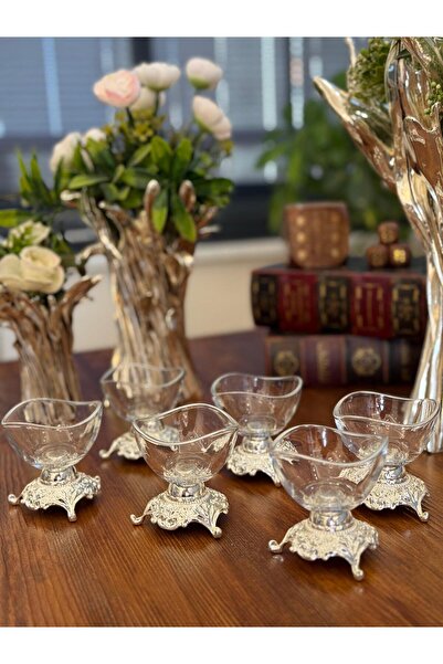 atabey home 6-Piece Silver Detailed Coffee Side Dish & Sauce Bowl Set with Fine Patterned Cast Iron Legs