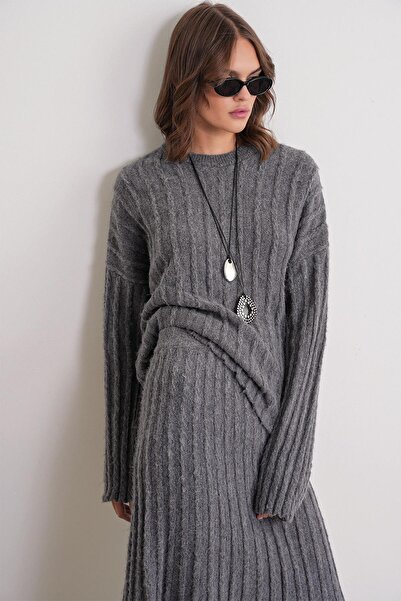 Mixray 6960 Women's Braided Soft Textured Knitwear Bottom and Top Set Anthracite