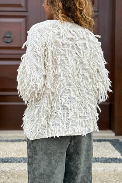 Güneşkızı Ιταλική ζακέτα από μαλακό μαλλί με φούντα εκρού που πλένεται 65 50