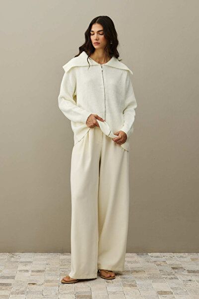 Fahhar Zipper Detailed Cardigan Ecru