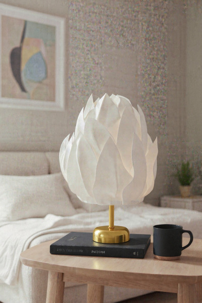 PearlHome White Eva Tulip Design Wireless Table Lamp – Shiny Gold, Decorative Led Lampshade