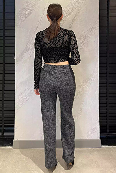 Zehra Gül Antrasit Kadın Kışlık Karyağdı Desenli Bel Cırtlı Palazzo Pantolon