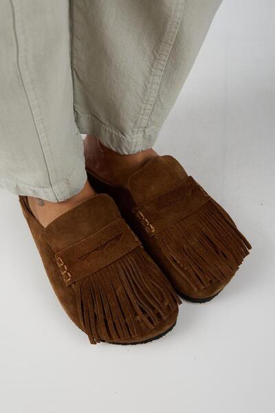 Manijero Madora Women's Genuine Leather Tasseled Sabo Tan Slippers