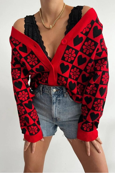 vuvutasarım New Season Patterned Button Detailed Orange Color Women's Knitwear Cardigan 0200