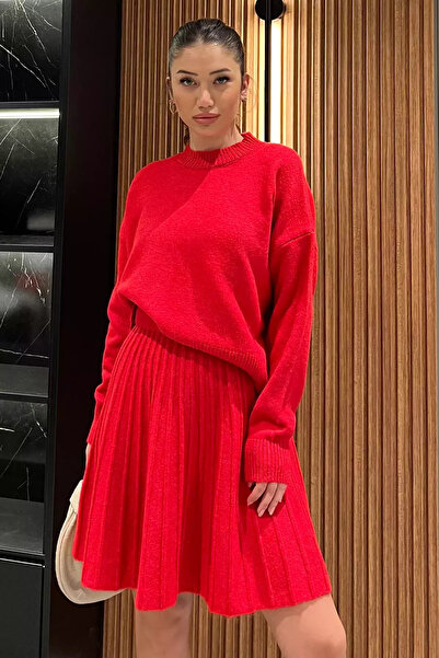 Zehra Gül Kırmızı Tarz Triko Etek Kazak İkili Takım (s-m-l Beden Uyumludur)