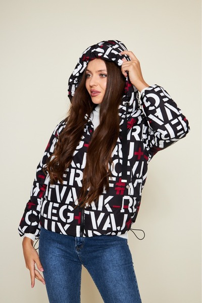 comstar Women's Winter Basic Hooded Patterned Black Puffer Coat