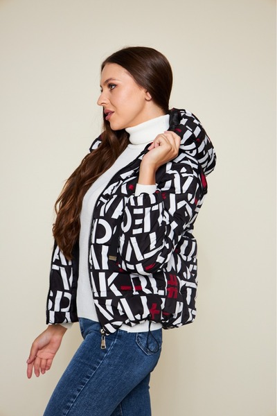 comstar Women's Winter Basic Hooded Patterned Black Puffer Coat