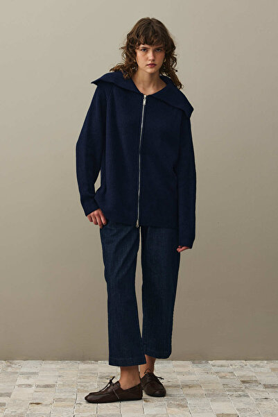 Fahhar Zipper Detailed Cardigan Navy Blue