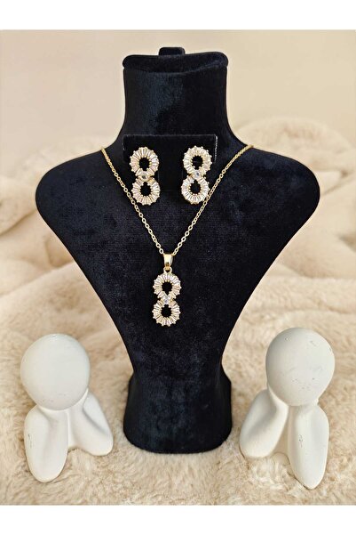 Stainlless Steel Zirkon Taşlı Çelik Kolye & Küpe Seti