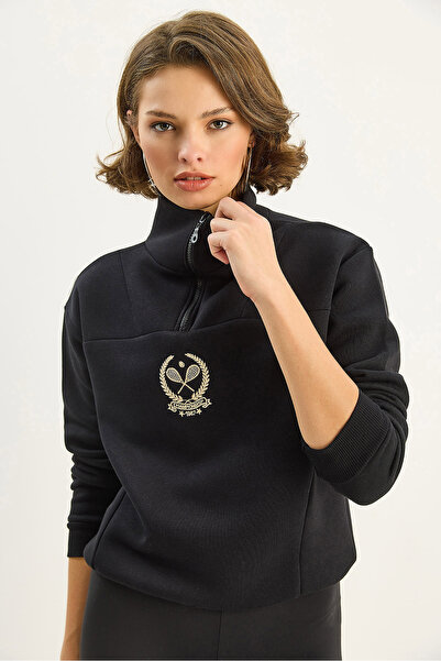 Bianco Lucci Kadın Dik Yaka Yarım Fermuarlı İçi Polarlı Crop Sweatshirt 1808 60283713