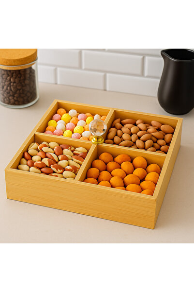 akdeniz home Bambu Kare 4 Bölmeli Kutu – Pleksi Kapaklı Çok Amaçlı Çerezlik ve Düzenleyici 23x23 cm