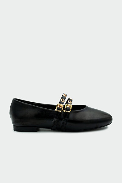 LAMİNTA Pari Black Leather Gold Buckle Women's Ballerinas