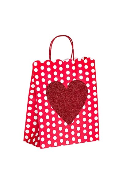 OEM Pungă cadou, model Kraft, inimă cu sclipici, roșie cu buline albe, 26x12x...