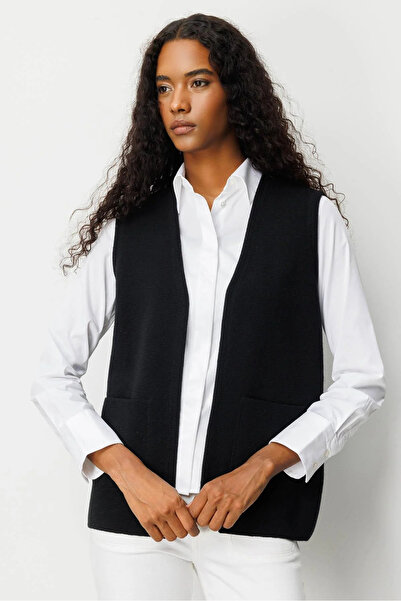 Desen Triko Women's V-Neck Steel Knit Wool Mother Vest 25044 Black