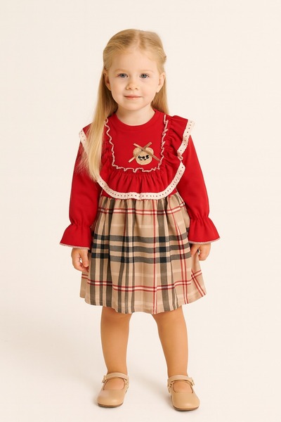 Gocoland Teddy Bear Embroidered Ruffled Girl's Dress