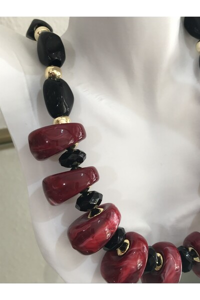 the ASEL İNCİ Cam Boncuk Model Gol Detaylı Bordo İri Kolye