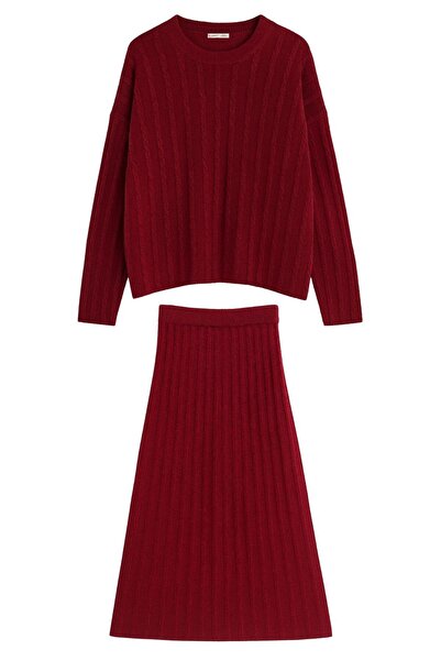 Mixray 6960 Women's Braided Soft Textured Knitwear Bottom and Top Set Burgundy