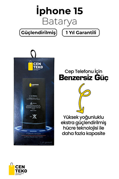 centeko Apple iPhone 15 Batarya – %30 Daha Güçlü, 1 Yıl Garantili, Yüksek Per...