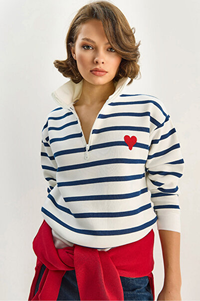 Bianco Lucci Kadın Kalp Nakışlı Dik Yaka Yarım Fermuarlı Çizgili Sweatshirt 6089 60283714