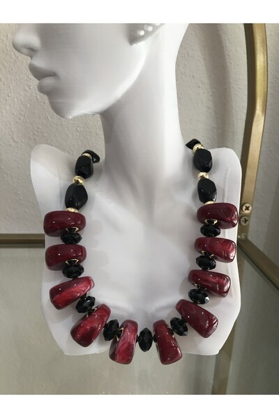 the ASEL İNCİ Cam Boncuk Model Gol Detaylı Bordo İri Kolye