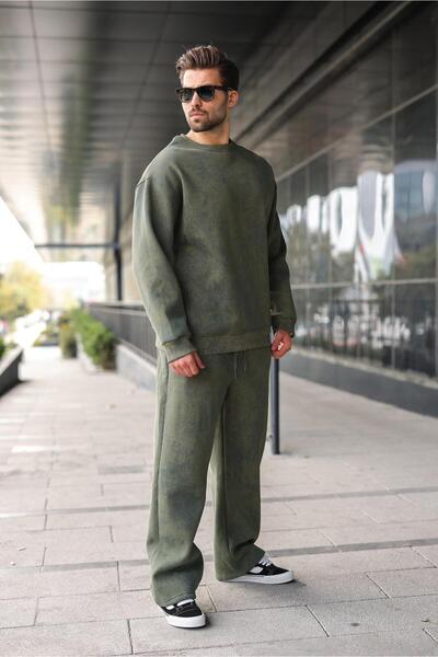 Madmext Haki Bisiklet Yaka Batik Desenli Erkek Sweatshirt Pantolon Takım E7344