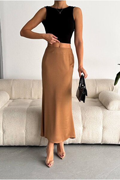 KaSheHa Kamel Lüks Kalite Fermuarlı Yüksek Bel Saten Etek 91 Cm