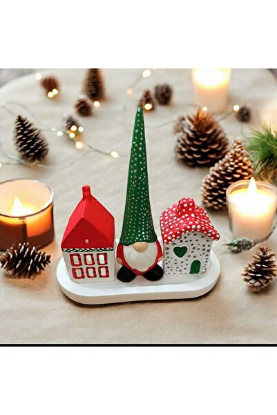 INGA JOSANU Yılbaşı Kırmızı Beyaz Cüce (Gnome) ve Ev Figürlü 3'lü Dekoratif S...