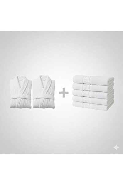 Truva Grup Gift Set 2 Adult Bathrobes (Unisex/Universal) + 5 Towels 100% Premium Cotton, 500g/sqm, 5x 50/90