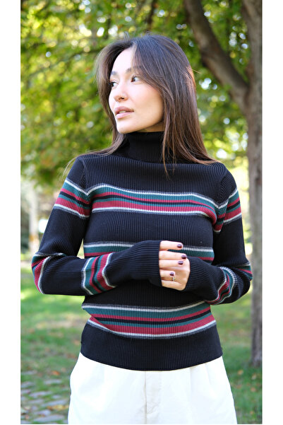 Butik Una Fiaba-Negru-Bordeaux Pulover tricotat cu dungi pentru femei basic