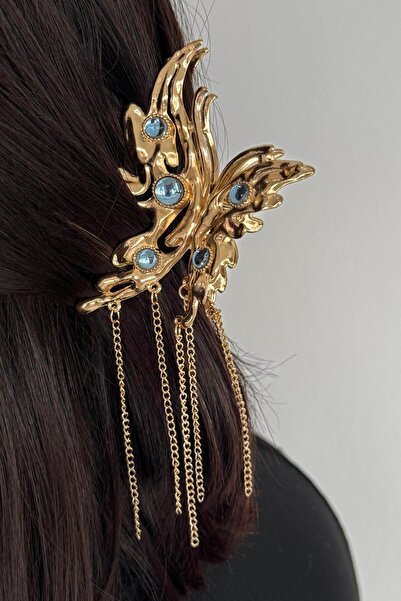 TAKIŞTIR Gold Color Butterfly Figured Stone Detailed Hanging Metal Latch Buckle