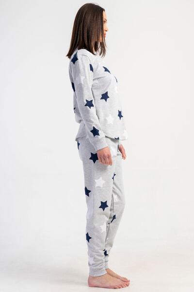 REN Women's 2 Thread Woven Round Neck Long Sleeve Skirt Oval Cuff Pajama Set with Inner Ribbing