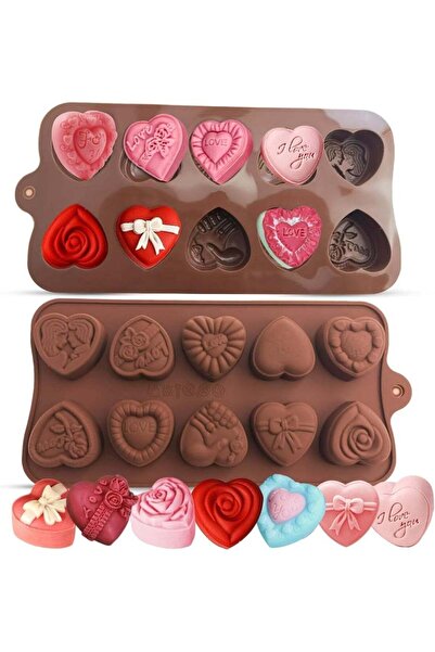 Generic 2PCS Heart Chocolate Molds, 10-Design Love Rose Silicone Molds, Non-Stick Baking Molds for DIY Vale