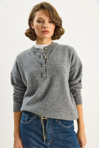 Bianco Lucci Pulover tricotat obișnuit pentru femei, cu guler rotund nasturi, TK251128 60283720