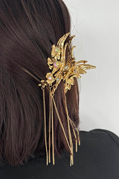TAKIŞTIR Gold Color Butterfly Figured Stone Detailed Hanging Metal Latch Buckle