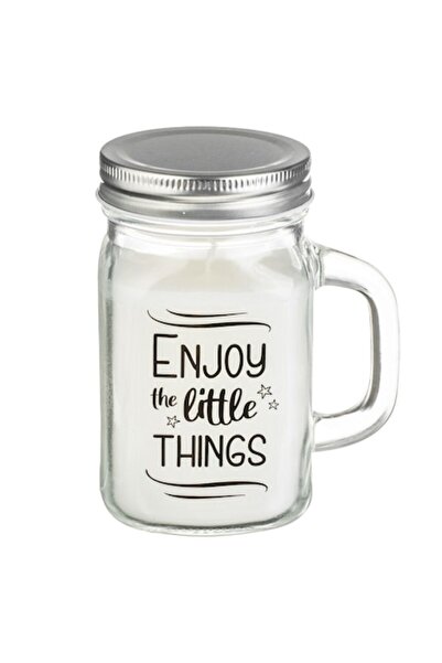 MYONNA IT & E- COMMERCE Paraffin Candle 'Enjoy the Little Things', Jasmine Scent, White, Glass Jar with Metal Lid, 7x12 cm,