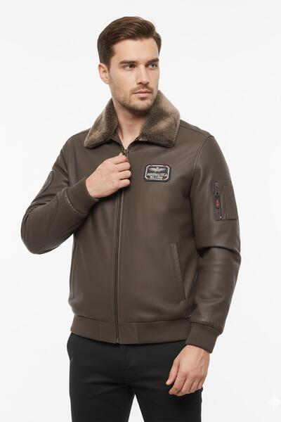 Deriderim معطف طيار بني اللون من الجلد الطبيعي للرجال من توب غان مع ياقة من الفرو