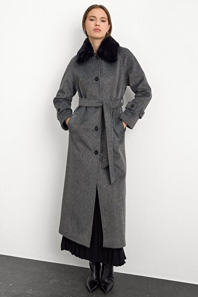 Olcay Fur Collar Detachable Fur Moher Long Coat Anthracite 3151