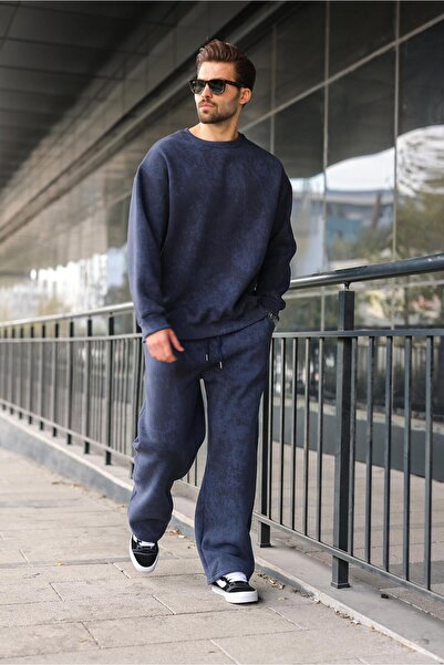 Madmext Σετ παντελόνι ανδρικό φούτερ με μοτίβο μπατίκ με λαιμόκοψη σε μπλε ναυτικό χρώμα E7344