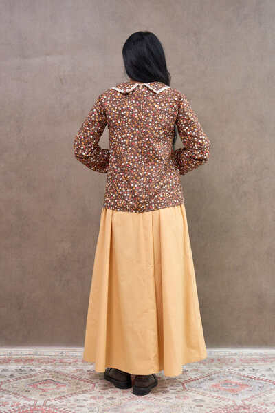 KÜÇÜĞÜM BUTİK Vintage καφέ φλοράλ στρογγυλός γιακάς δαντελωτή μπλούζα από ποπλίνα