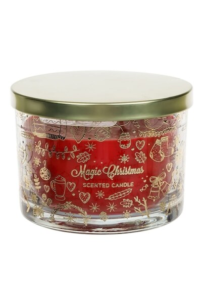 MYONNA IT & E- COMMERCE Lumânare parfumată Magic Christmas - Măr și Scorțișoară, Borcan de sticlă, Capac metalic, 2 fitiluri, Roșu, 30h