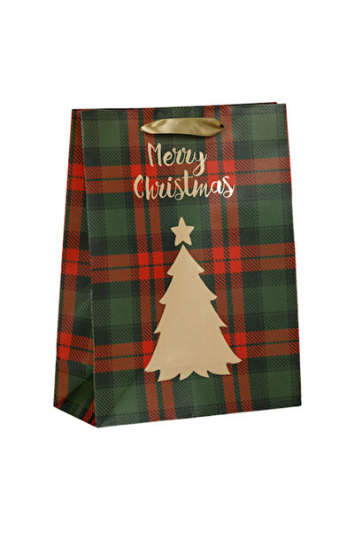 SHOPIENS Christmas Gift Bag, Checkered Pattern with Gold Foil Tree, Gold Ribb...