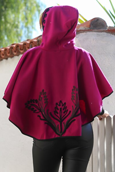 Chiccy Burgundy Hooded Buttons Piped Süzene Embroidered Casual Cashmere Bolero Woven Poncho 43 75