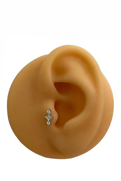 Siminkari 925 Ayar Gümüş Üzerine Rodyum Kaplama Taşlı Geometrik Silver Piercing 8 mm Tragus Helix