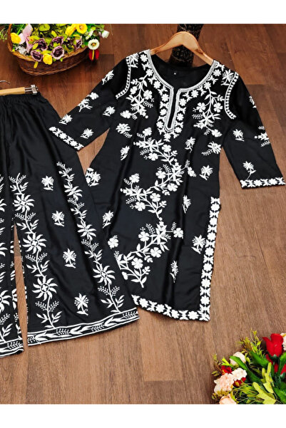 MYSMAR Black Rayon Cotton Embroidery Salwar Kameez - HRT2320 | Black